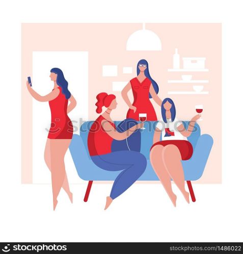 A gathering of young women for fun and drinking. Female friends sitting on the couch, talking, drinking wine, laughing. Flat cartoon vector