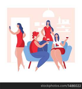 A gathering of young women for fun and drinking. Female friends sitting on the couch, talking, drinking wine, laughing. Flat cartoon vector