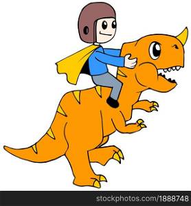 a giant dinosaur carrying a small child around the streets. cartoon illustration sticker mascot emoticon
