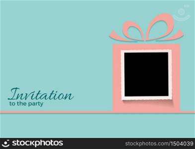 A gift for your happy birthday. Invitation to the party with empty photo inside a gift. Picture to insert. Vector pink box on bluemarine background