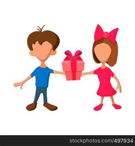 A girl and a boy holding a gift box with pink ribbon cartoon icon on a white background. A girl and a boy holding a gift box with ribbon