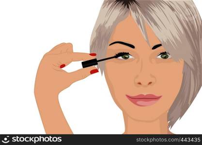A girl applying mascara on to her eye vector illustration