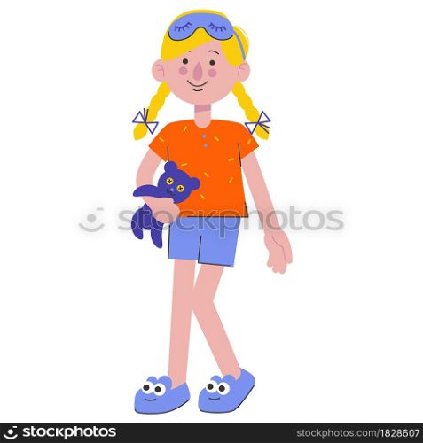 A girl at a pajama party. Pillow fights. Flat characters celebrating holiday. Children having fun at pajama. Vector illustration on white background