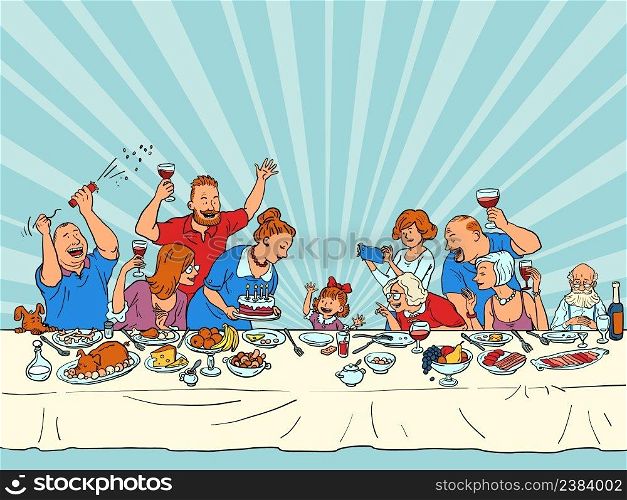 A girl birthday, a family holiday. Daughter granddaughter. Relatives at the festive table with food and cake. Comic cartoon hand illustration retro vector style. A girl birthday, a family holiday. Daughter granddaughter. Relatives at the festive table with food and cake
