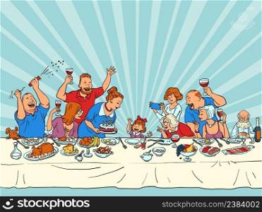 A girl birthday, a family holiday. Daughter granddaughter. Relatives at the festive table with food and cake. Comic cartoon hand illustration retro vector style. A girl birthday, a family holiday. Daughter granddaughter. Relatives at the festive table with food and cake