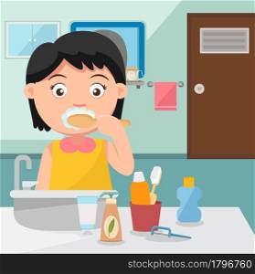 A girl brushing teeth in the bathroom.illustration,vector