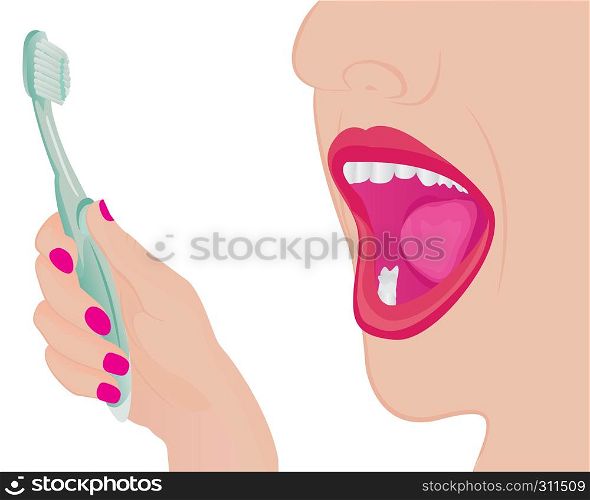 A girl cleaning teeth. A toothbrush in a hand and a opened mouth Oral hygien vector illustration