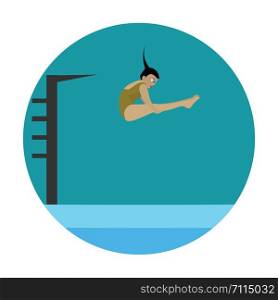 A girl diving from a height into the swimming pool , vector, color drawing or illustration.