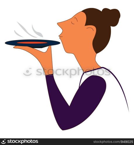A girl enjoying a tea from a small plate, vector, color drawing or illustration.