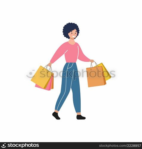 A girl goes shopping from the shopping center. A woman carries shopping bags in her hands. Promotions, discounts and sales. Vector flat female character.