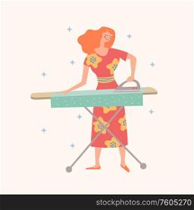 A girl in a beautiful dress is Ironing clothes. Domestic work. House cleaning. Vector illustration on a light background.. The girl is Ironing clothes. Domestic work. House cleaning.