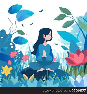 a girl in a blooming garden meditating. Mental health and recovery. Vector illustration.. a girl in a flowering garden