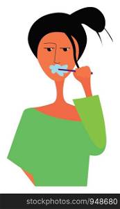 A girl in a green dress with a purple tooth brush in her mouth, vector, color drawing or illustration.