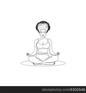 A girl in a lotus position in a black stroke on a white background.