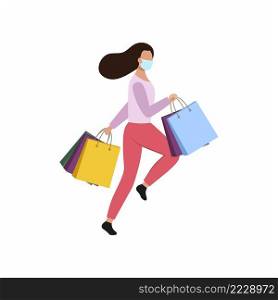 A girl in a medical mask with bags from the supermarket runs for shopping. The buyer with the product. Vector flat illustration of a female character.