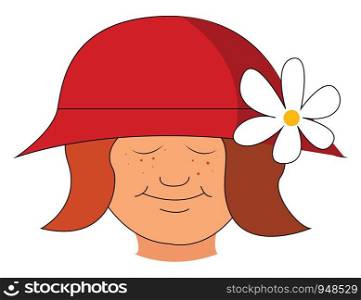 A girl in a red hat with a white flower, vector, color drawing or illustration.