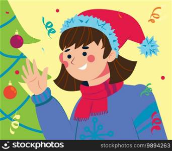 A girl in a Santa hat near the Christmas tree. Christmas character. Cartoon flat illustration.. A girl in a Santa hat near the Christmas tree. Christmas character.