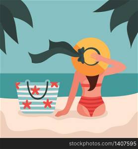 A girl in a swimsuit and hat is sitting on the beach on the sand.Beach bag, travel, vacation, relaxation, Bali, Maldives.Flat vector illustration