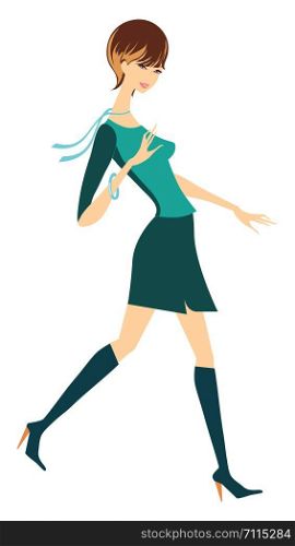 A girl in green dress, with green boots, with short brown hair, vector, color drawing or illustration.
