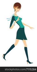 A girl in green dress, with green boots, with short brown hair, vector, color drawing or illustration.