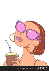 A girl in original glasses drinks a drink and thinks about buying. Potential consumer of a service or offer. Comic cartoon pop art retro vector illustration hand drawing. A girl in original glasses drinks a drink and thinks about buying. Potential consumer of a service or offer.