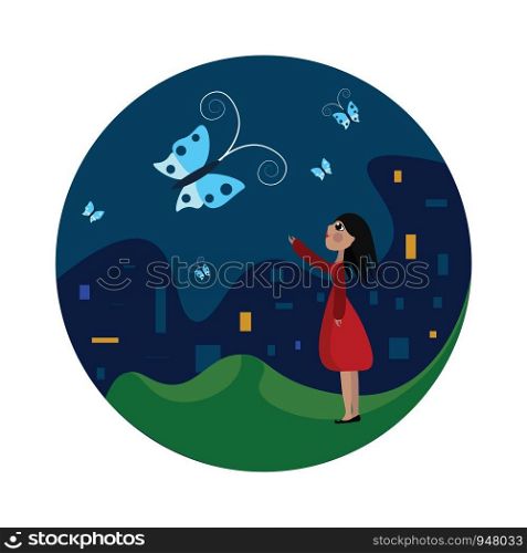 A girl in red dress standing on a garden with lot of butterflies flying around her , vector, color drawing or illustration.