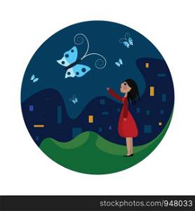 A girl in red dress standing on a garden with lot of butterflies flying around her , vector, color drawing or illustration.