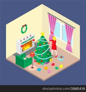 A girl is decorating a Christmas tree. A blonde in a red dress is in the room with a Christmas tree and a fireplace.