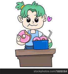 a girl is eating a sweet donut. cartoon illustration sticker emoticon