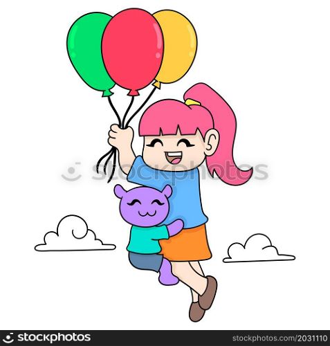 a girl is flying in a balloon hugging her pet