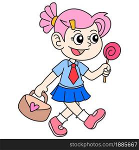 a girl is walking home from school carrying a lollipop, doodle icon image. cartoon caharacter cute doodle draw