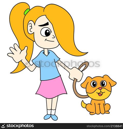 a girl is walking with her pet dog