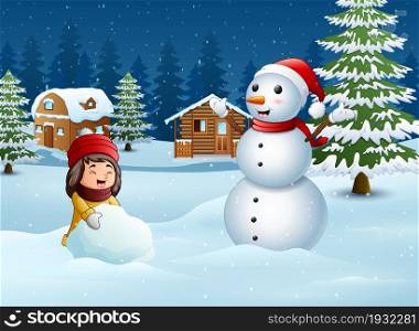 A girl making snowman in winter and snowy landscape
