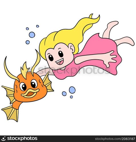 a girl on vacation diving to the bottom of the sea swimming with fish