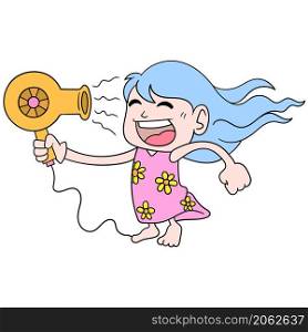 a girl playing hairdryer is directed to her face to dry her hair