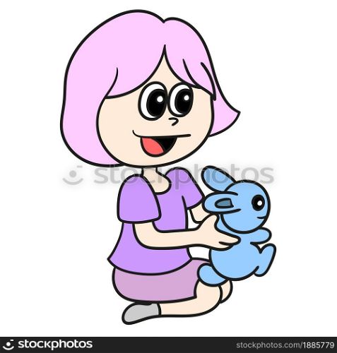 a girl playing with a cute bunny. vector illustration of cartoon doodle sticker draw