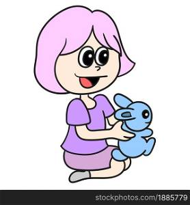 a girl playing with a cute bunny. vector illustration of cartoon doodle sticker draw