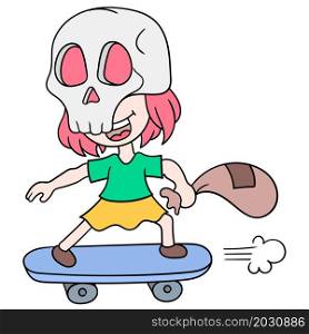 a girl riding a skate skateboard wearing skull mask