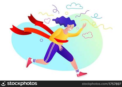 A girl running to the finish line. Finishing runner character design. Winning Champion concept - vector illustration.