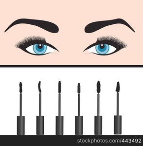 A girl's eyes and types of mascara vector illustration. Set of mascara