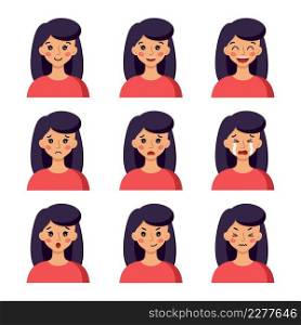 A girl’s face with different emotions  fun, laughter, anger, resentment, mockery. Vector character in the cartoon style.