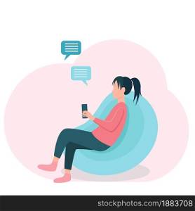 A girl sits on a frameless chair with a phone in her hands, vector illustration. An adult woman is texting in a chat. Online communication at a distance.. A girl sits on a frameless chair with a phone in her hands, vector illustration.