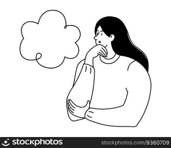 A girl thinking. Confused pensive woman holds her chin with empty speech bubble cloud and copy space. Outline black and white vector illustration isolated on white background. A girl thinking confused woman holds her chin outline black and white vector illustration