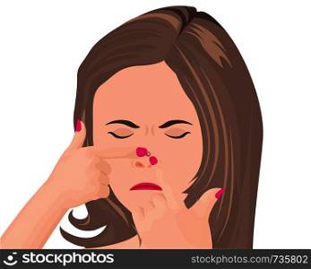 A girl trying to squeeze acne vector illustration