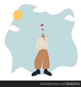 A girl walks down the street in the light of the sun and talks on the phone. Hearts hover over her head. The girl holds the phone in her hands. Vector illustration