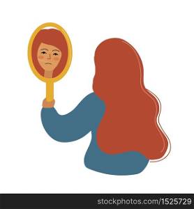 A girl with a sad face looks in the mirror. Bad mood, disappointment, depression. Vector illustration.. A girl with a sad face looks in the mirror. Bad mood, disappointment, depression. Vector illustration