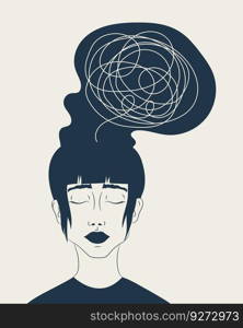 A girl with a tangle of thoughts, anxiety and messed emotions. Woman worried about bad mental health. Mental disorder. Our minds matter