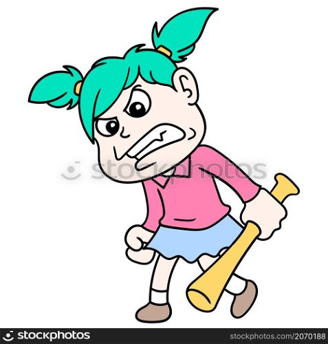 a girl with an angry face is giving her revenge carrying a bat to beat