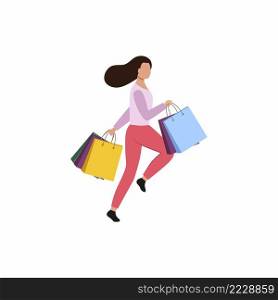 A girl with bags from the supermarket runs for shopping. The buyer with the product. Vector flat illustration of a female character.