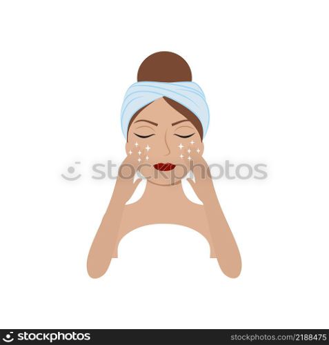 A girl with beautiful glowing skin after washing and cosmetic procedures. Vector illustration of a cartoon. Healthy skin and body. Caring for the beauty of the face. Icon for packaging cosmetics